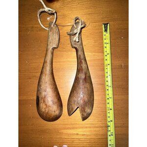 Vintage MCM Wooden Fork & Spoon Salad Serving Set Hand Made Rustic Cabin Cottage